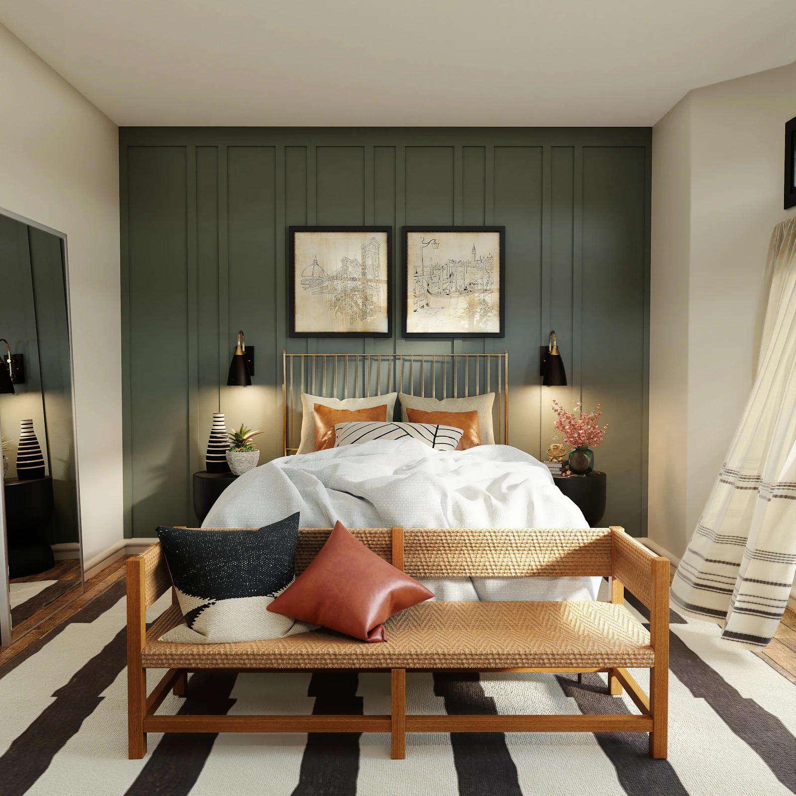 Warm neutral bedroom with layered linen bedding, a wood bench and soft bedside lighting